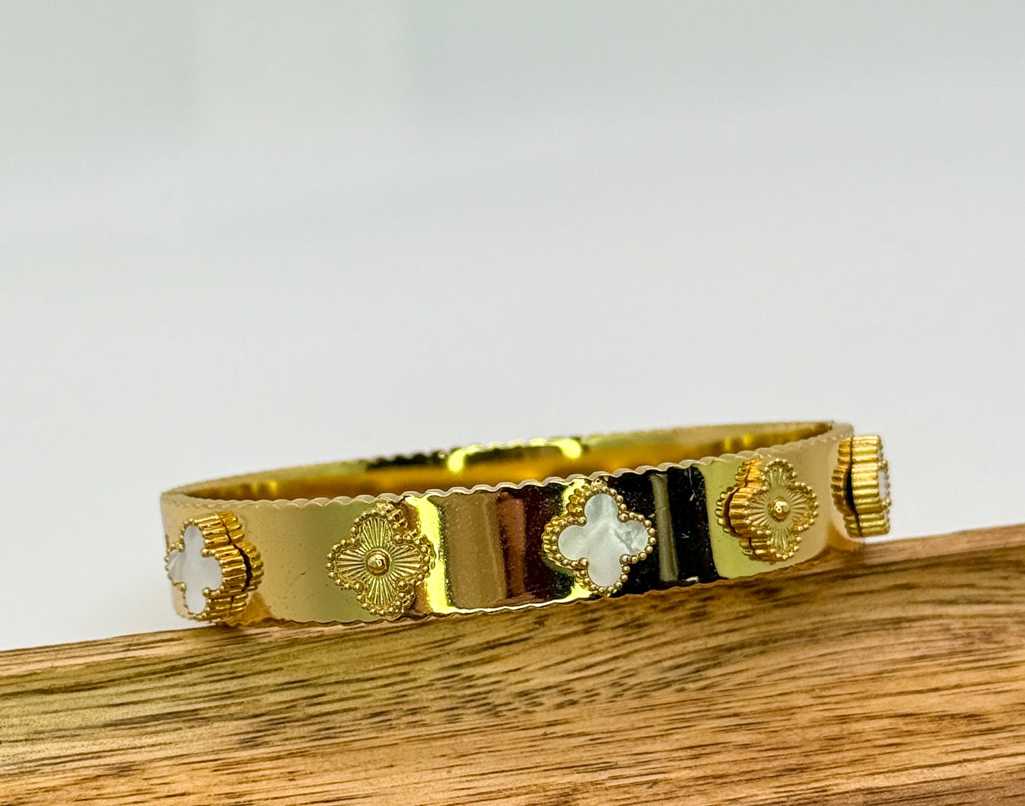 Gold with Mother of Pearl Shell Clover Bangle Bracelet