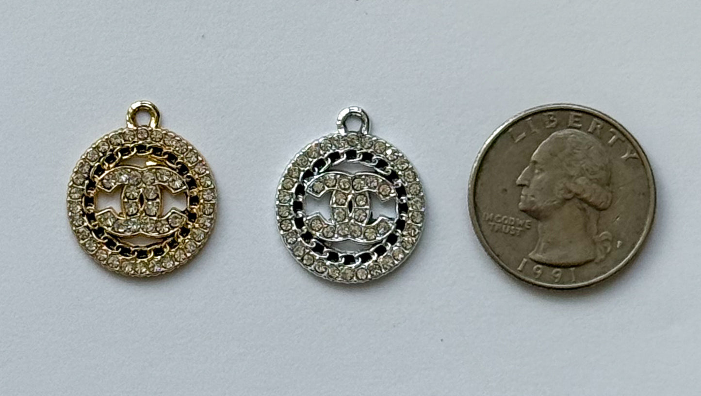 Zircon Covered CC Designer Round Silver or Gold DIY Charms