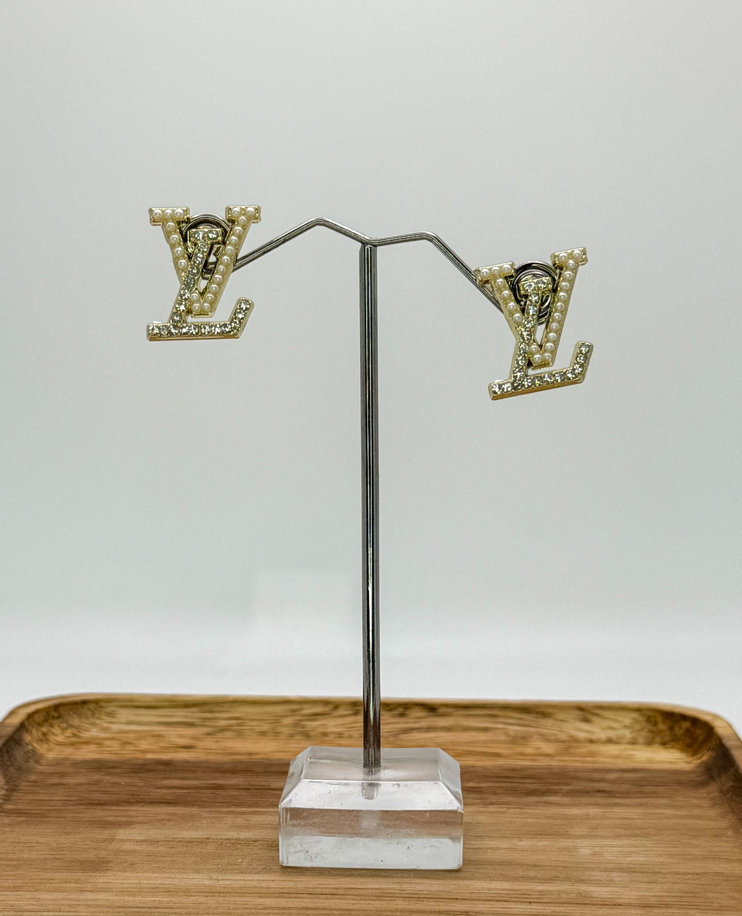 LV Designer Gold Logo Stud Earrings