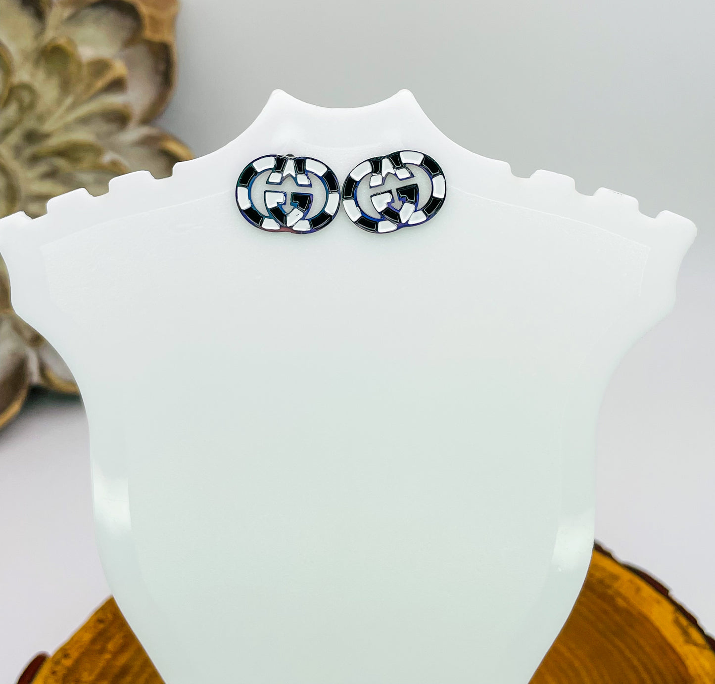 Gucci GG Logo Black & White Silver Stud Earrings