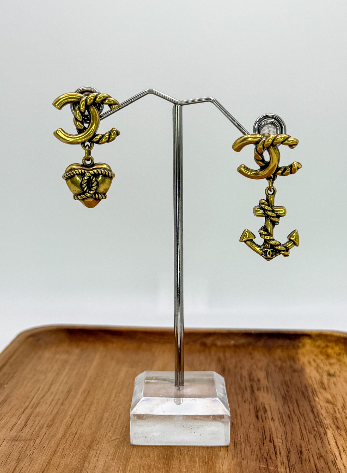 Antique Gold CC Designer Love & Anchor Stud Dangle Earrings
