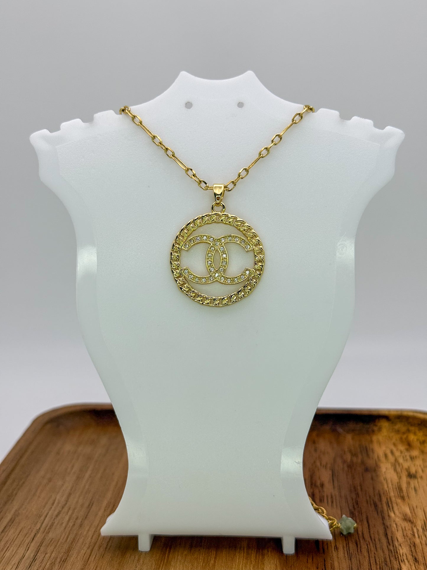 Gold CC Designer Round Pendant on 24k Gold Filled chain with Matching Gold CC Stud Earrings