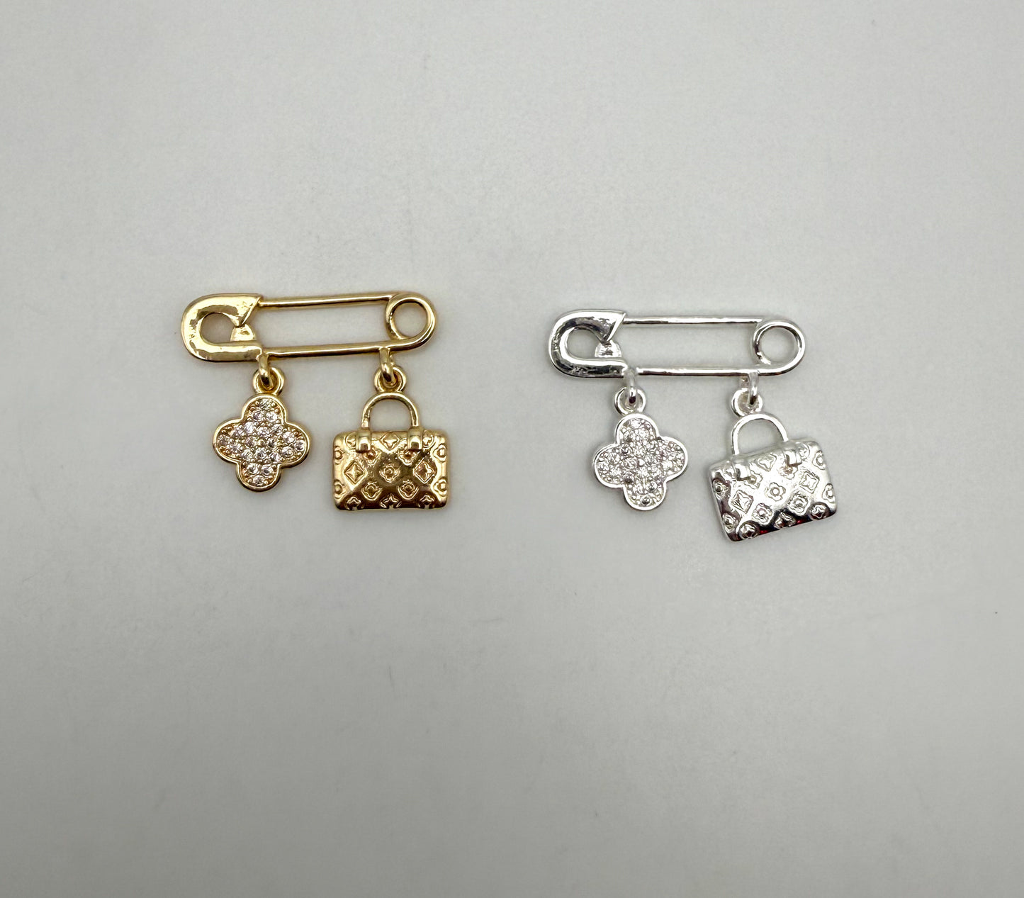 LV Inspired Clover & Purse Silver or Gold Safety Pin Dangle Charm Pendant