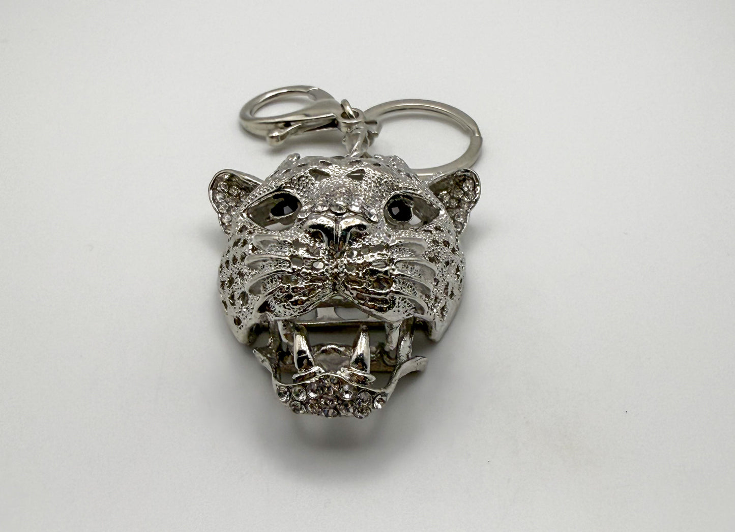 Silver Leopard Head with Huge Zircon on top of head Keychain