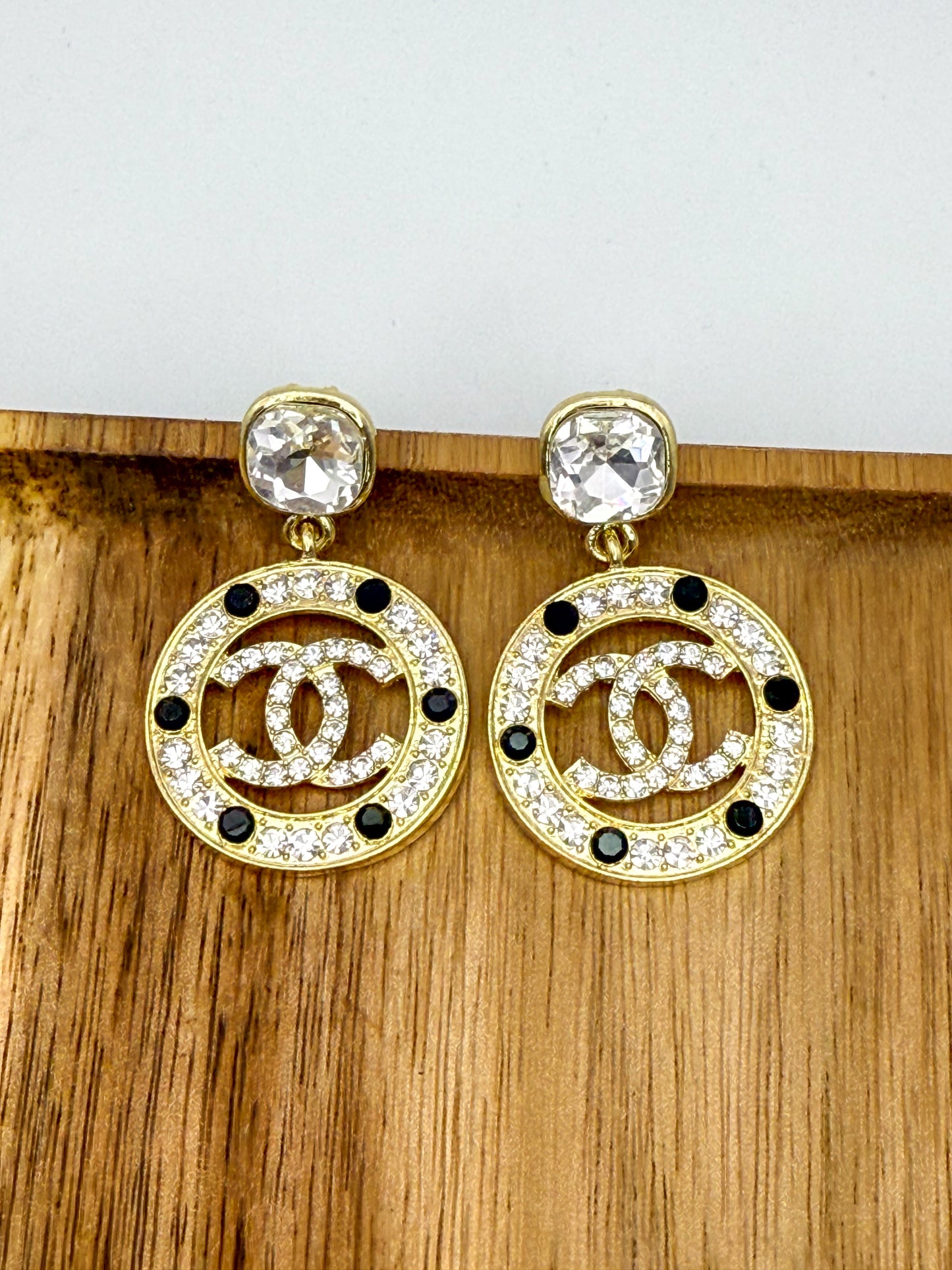 Gold Sparkling CC Designer Stud Earrings