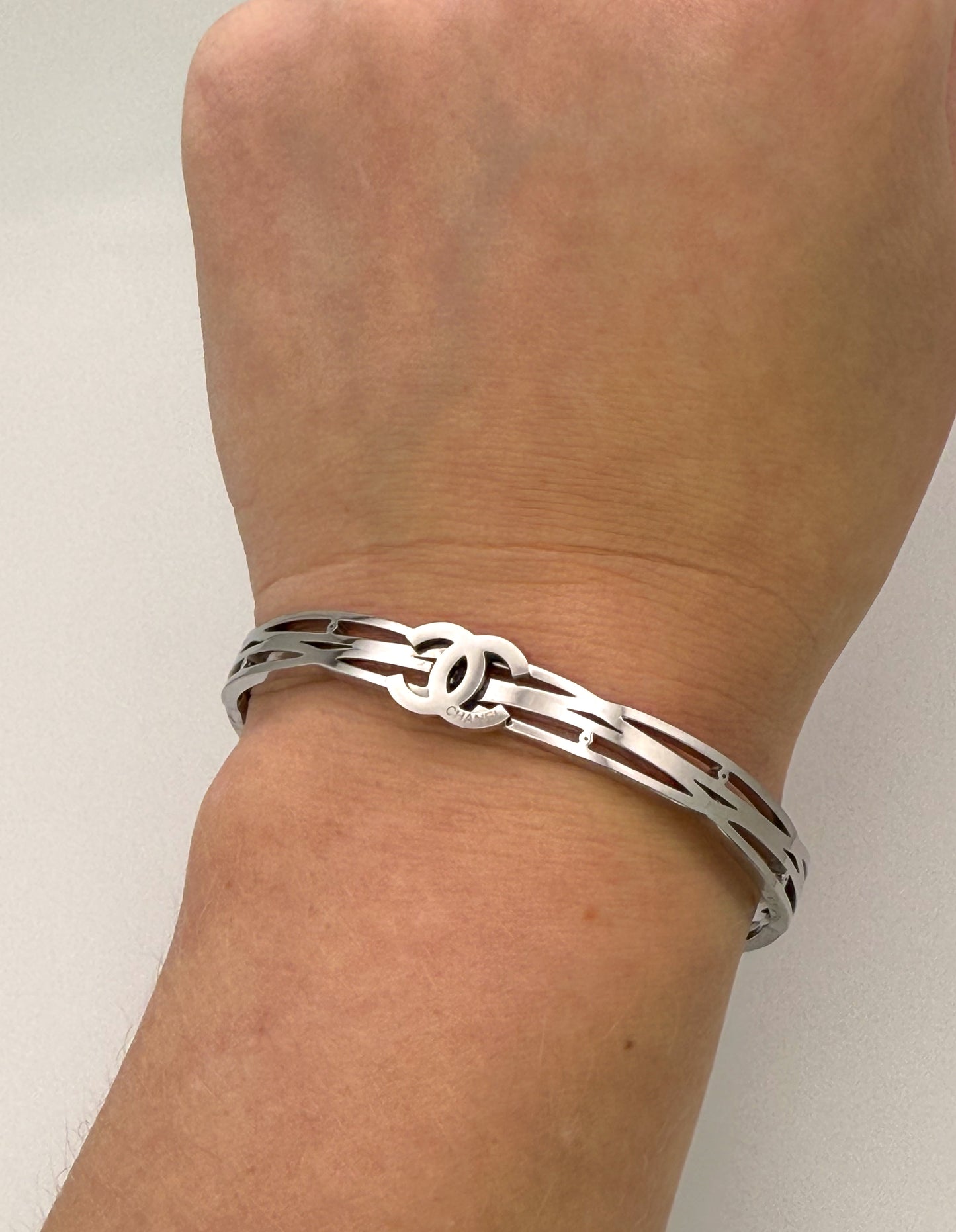 Silver Stainless Steel CC Designer Open Front Bangle Bracelet