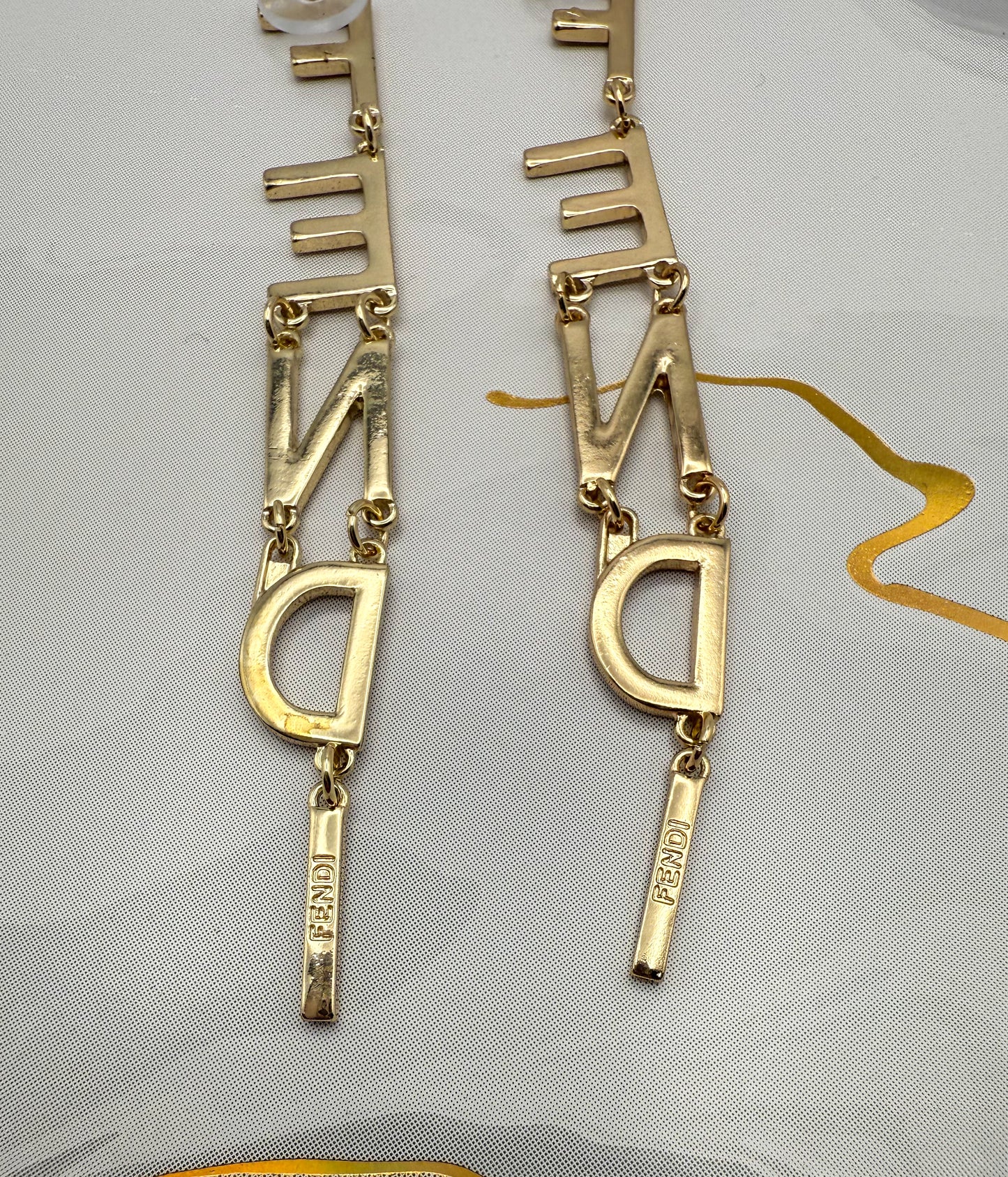 Long Gold Fendi Designer Dangle Stud Earrings