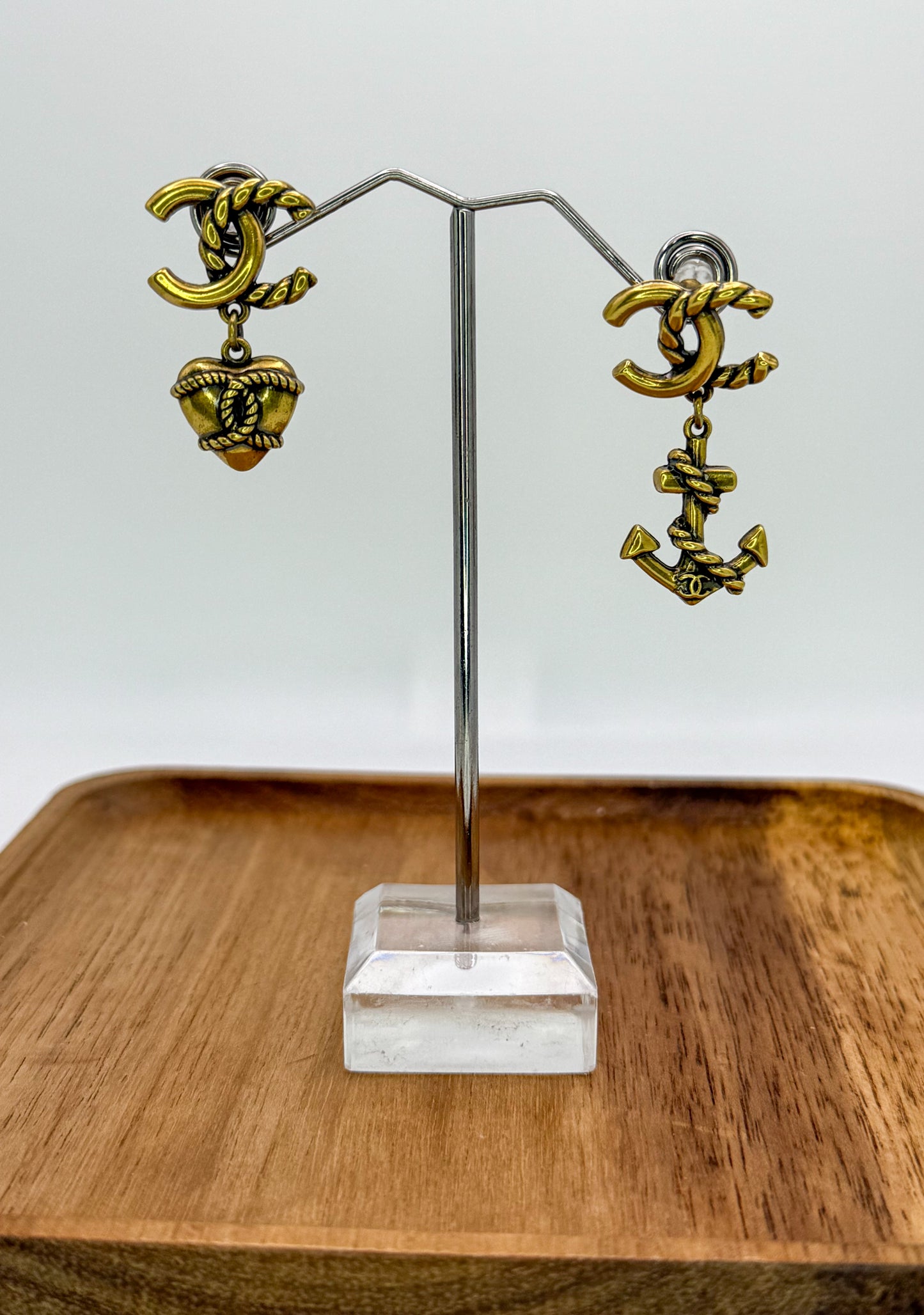 Antique Gold CC Designer Love & Anchor Stud Dangle Earrings