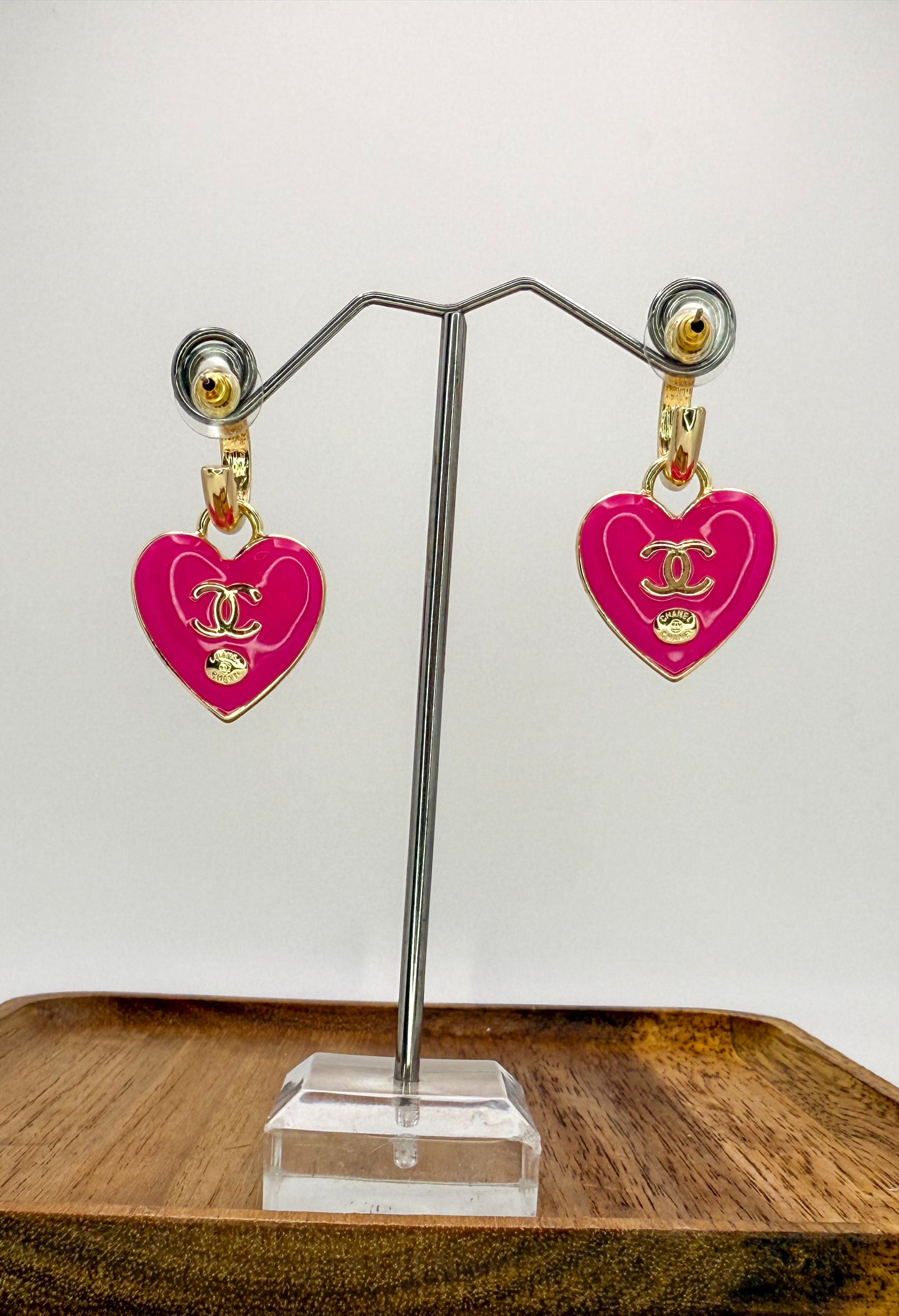 Gold & Hot Pink CC Designer Stud Dangle Hoop Earrings