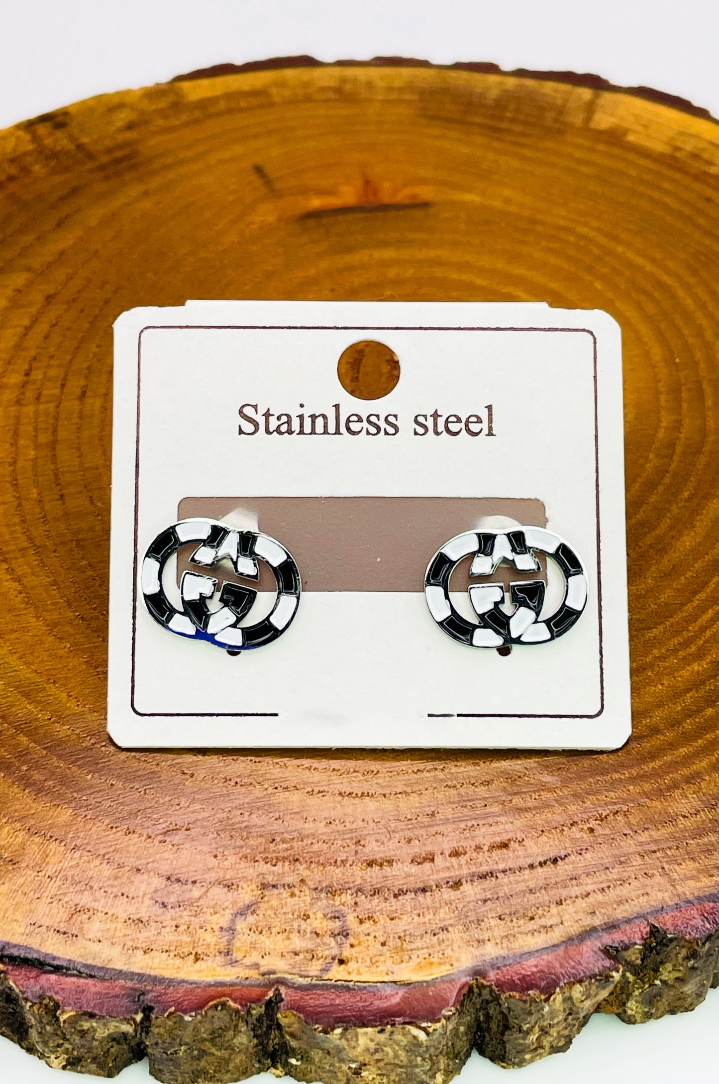 Gucci GG Logo Black & White Silver Stud Earrings