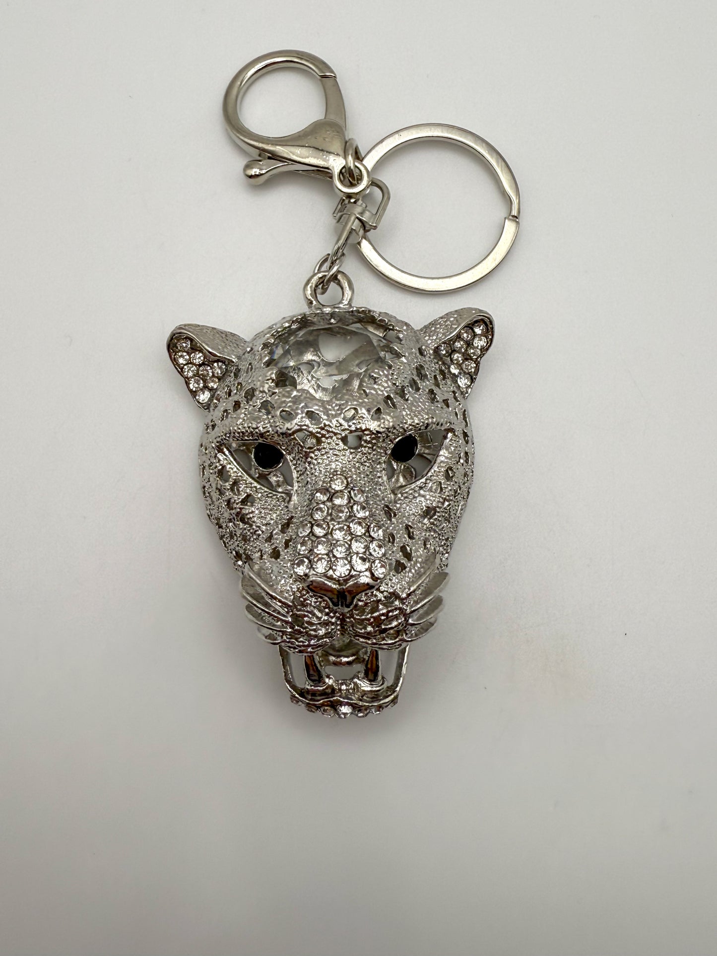 Silver Leopard Head with Huge Zircon on top of head Keychain