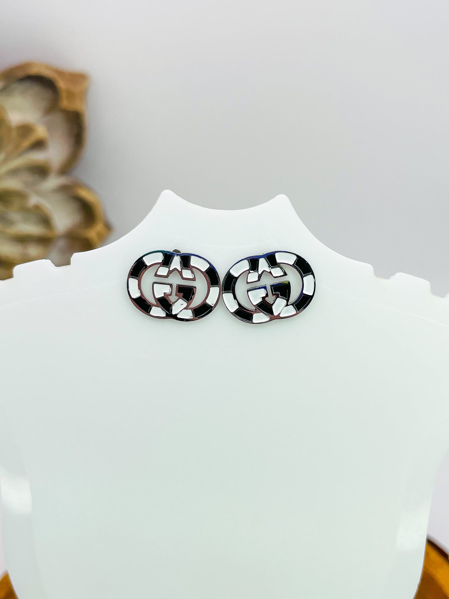 Gucci GG Logo Black & White Silver Stud Earrings