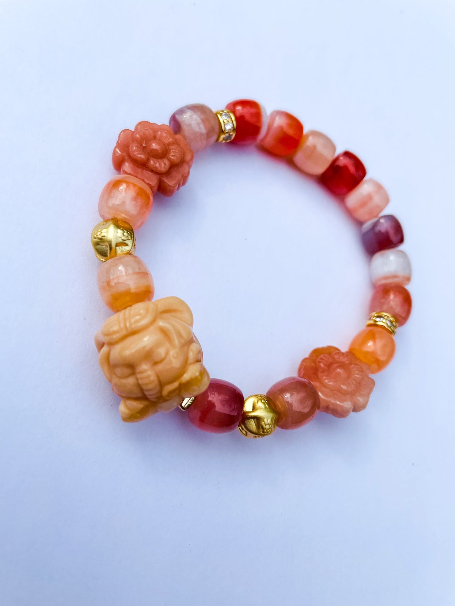 Natural Orange Botswana Agate with Natural Alashan Agate Baby Elephant Crystal Carving Beaded Stretch Adjustable Bracelet