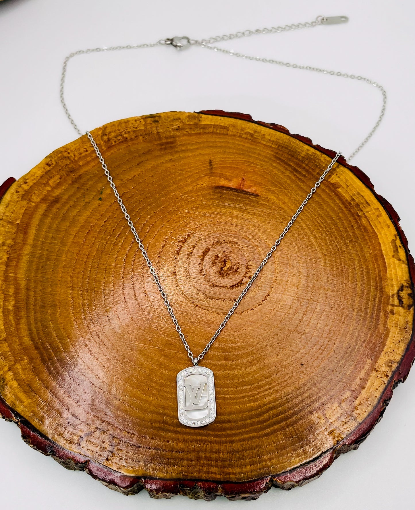 LV Mother of Pearl Rectangle Bling Pendant Stainless Steel Necklace, Gold or Silver
