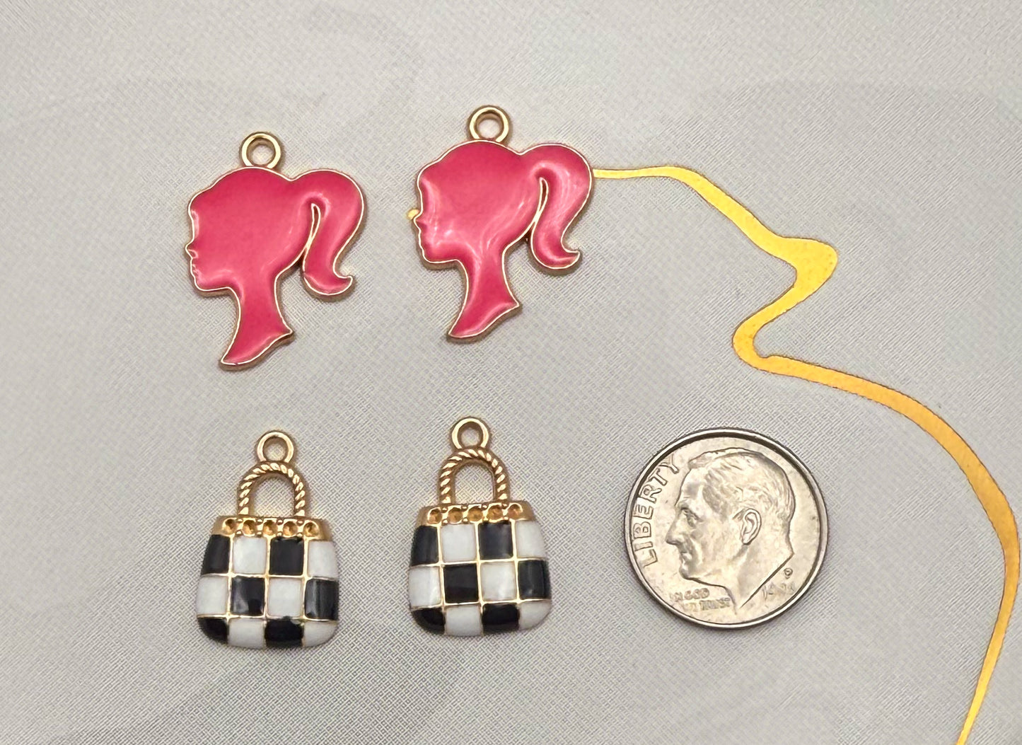 Pink Enamel Barbie Head & Checker Purse Bag DIY Metal Charms