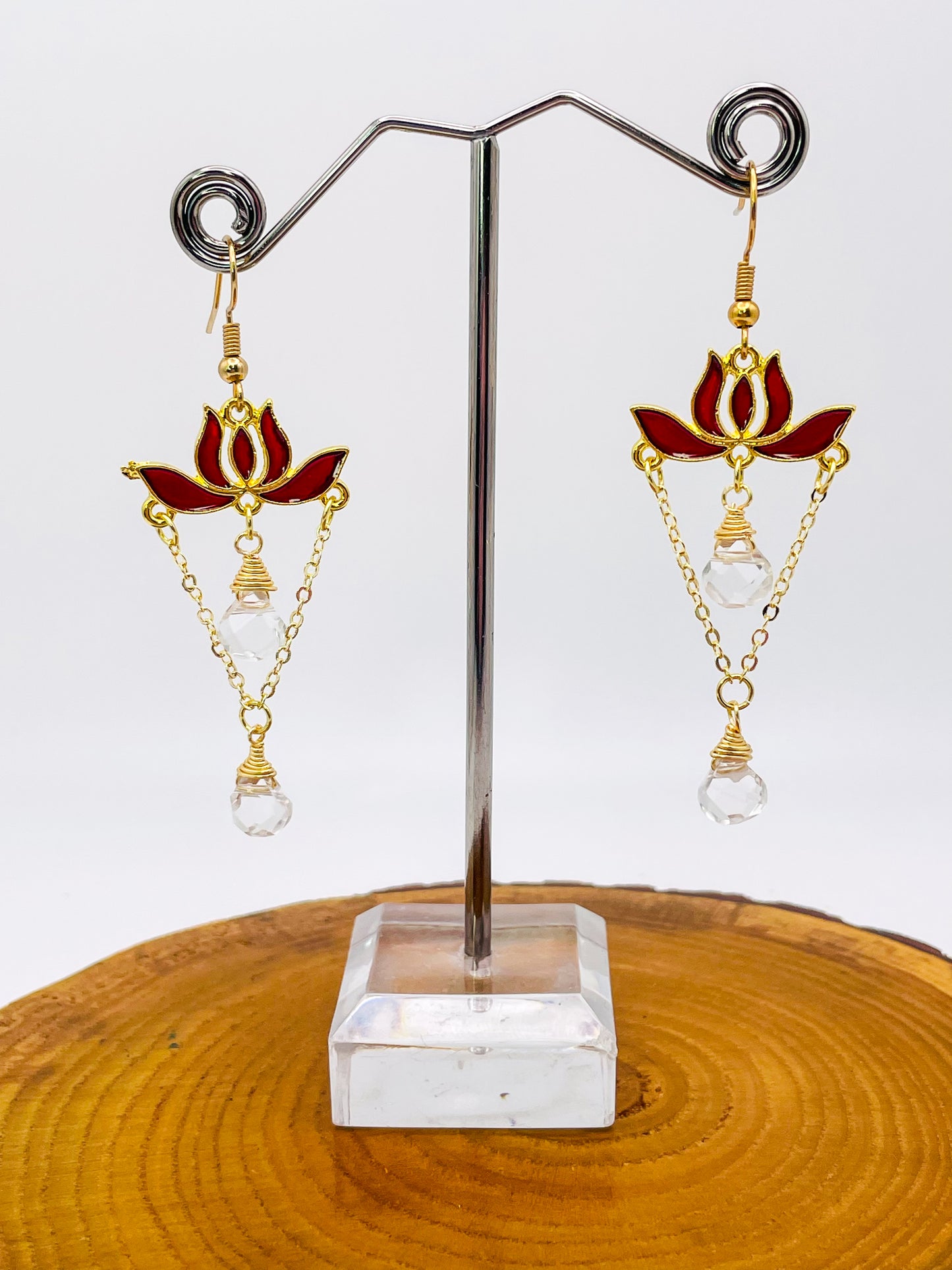 Gold Colorful Lotus Earrings with Natural Crystal Beaded Teardrops