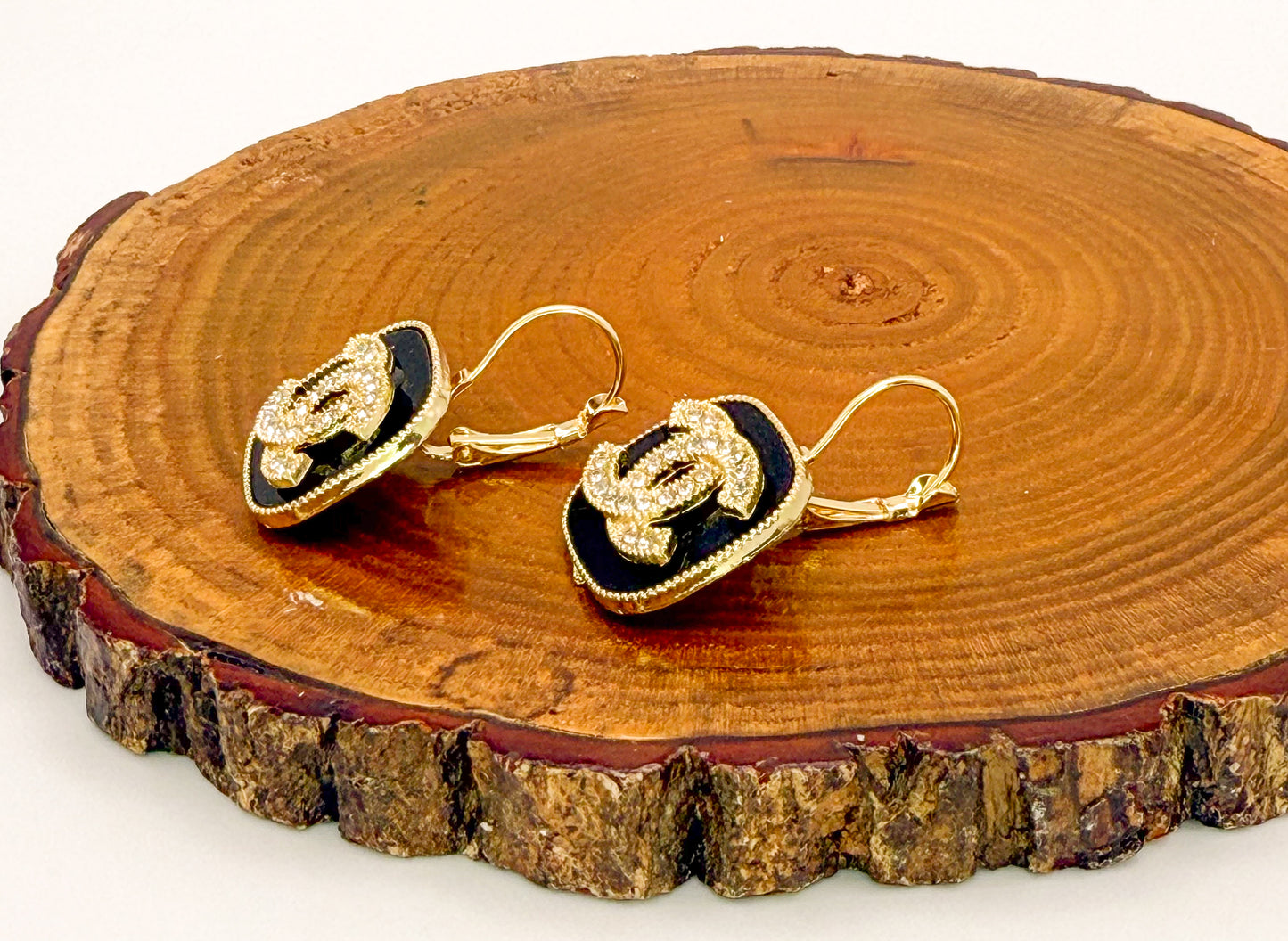 Gold w/ Black Enamel CC Designer Drop Earrings