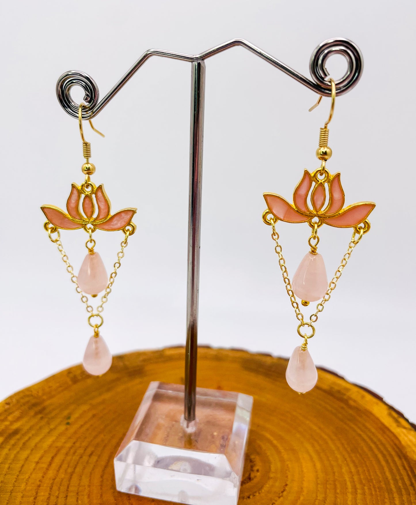 Gold Colorful Lotus Earrings with Natural Crystal Beaded Teardrops