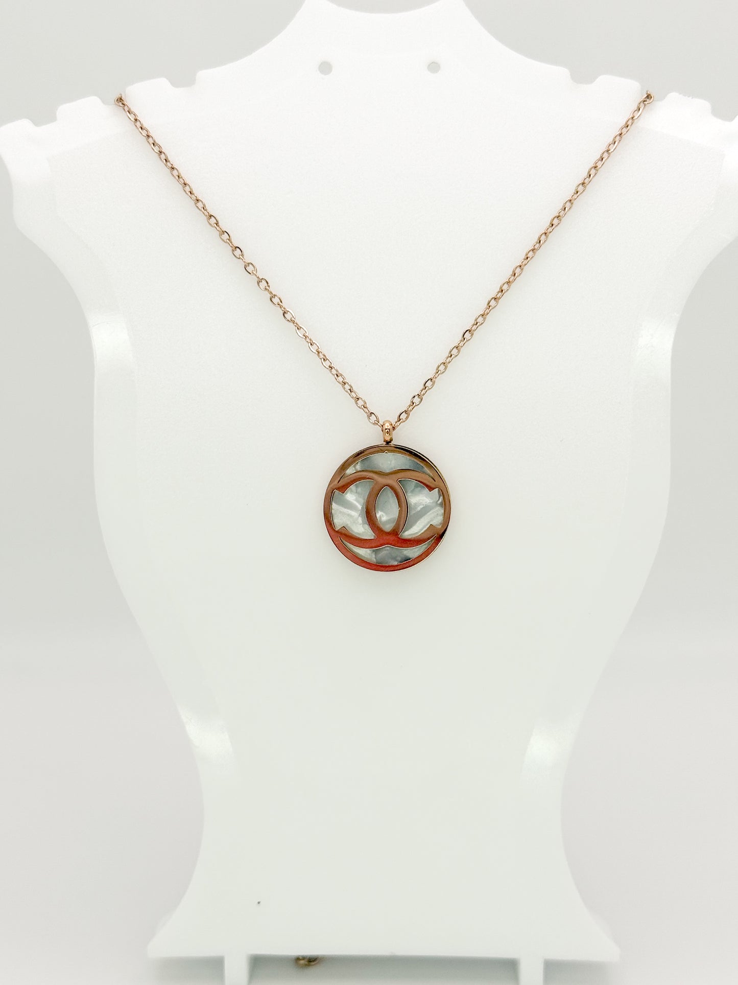 Rose Gold CC Mother of Pearl Pendant Stainless Steel Necklace