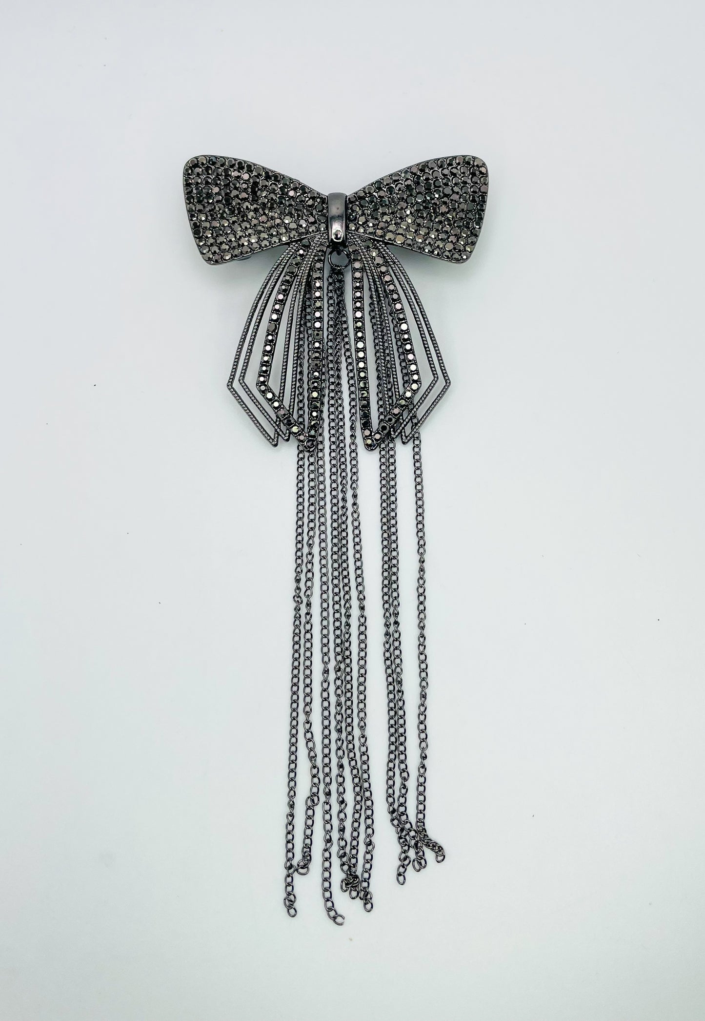Black Bow Brochette with Dangling Black Chain; Hair Pin