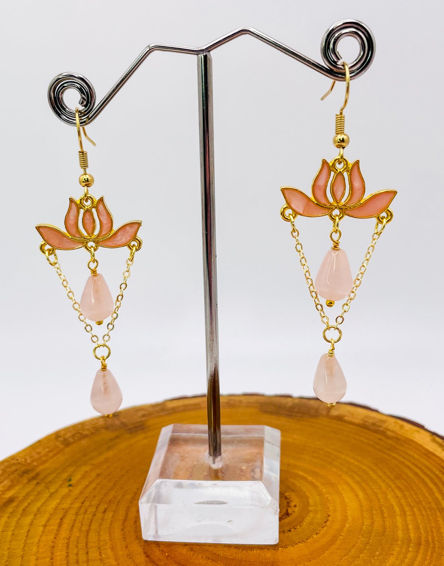 Gold Colorful Lotus Earrings with Natural Crystal Beaded Teardrops