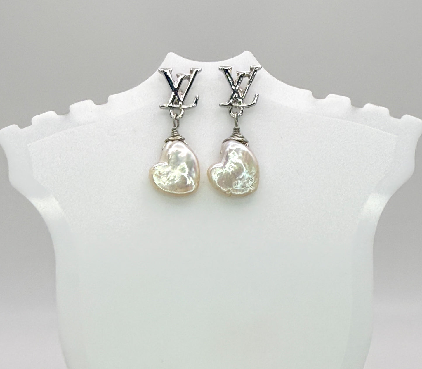 Silver LV Designer Stud Earrings with Heart Shaped Natural Freshwater Pearls