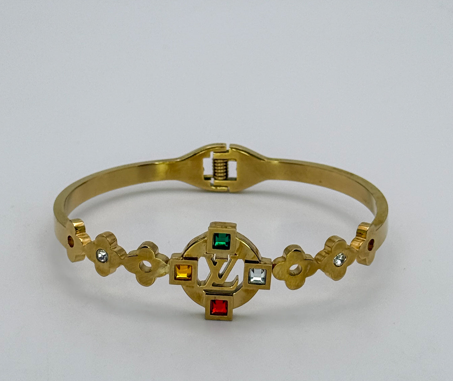 Gold LV Open Front Bangle Bracelet with Colorful Zircon