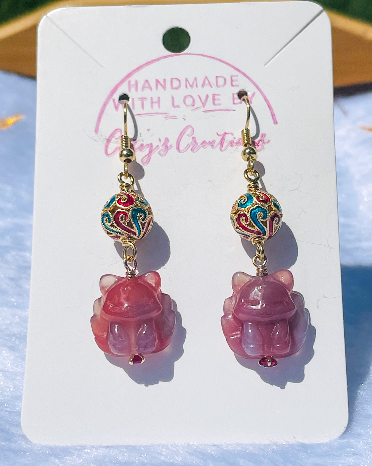 Natural Yanyuan Agate 9 Tail Fox Carving Gold S925 Earrings