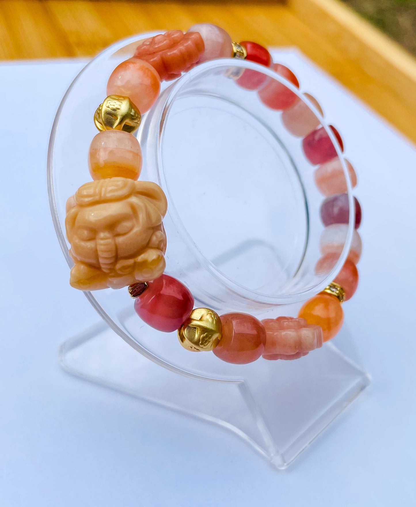 Natural Orange Botswana Agate with Natural Alashan Agate Baby Elephant Crystal Carving Beaded Stretch Adjustable Bracelet