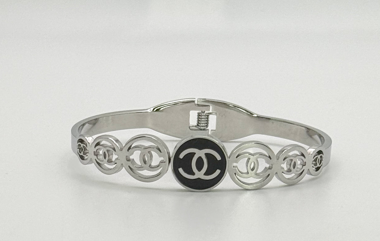 Silver CC Open Front Bangle Bracelet