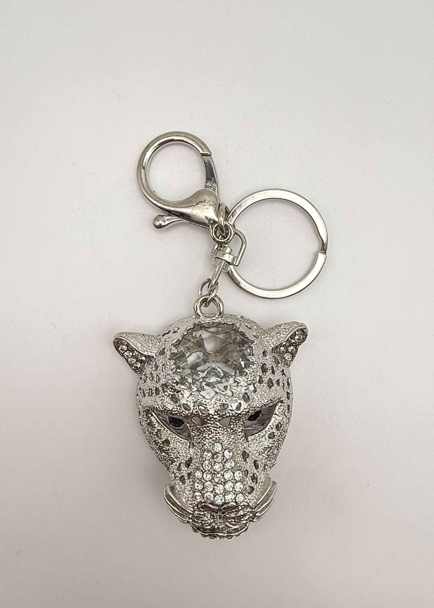 Silver Leopard Head with Huge Zircon on top of head Keychain
