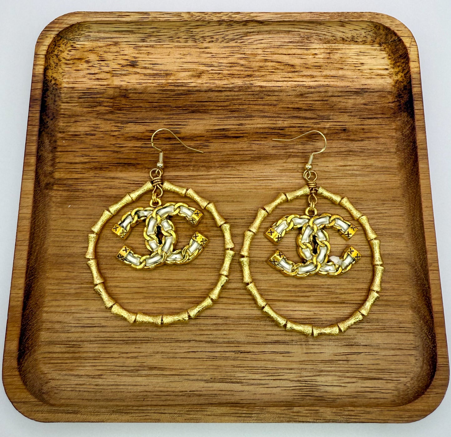 Gold Bamboo CC Designer Hoop Earrings