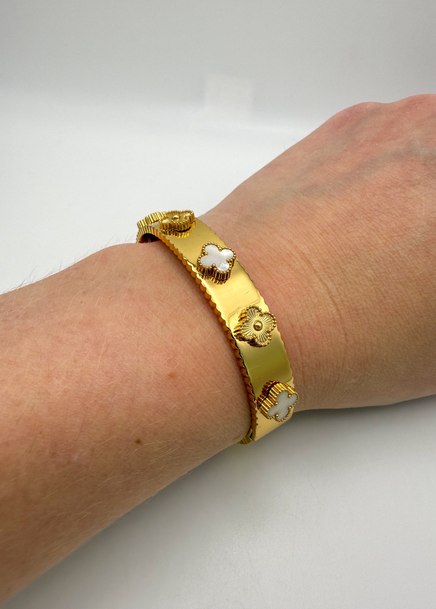 Gold with Mother of Pearl Shell Clover Bangle Bracelet