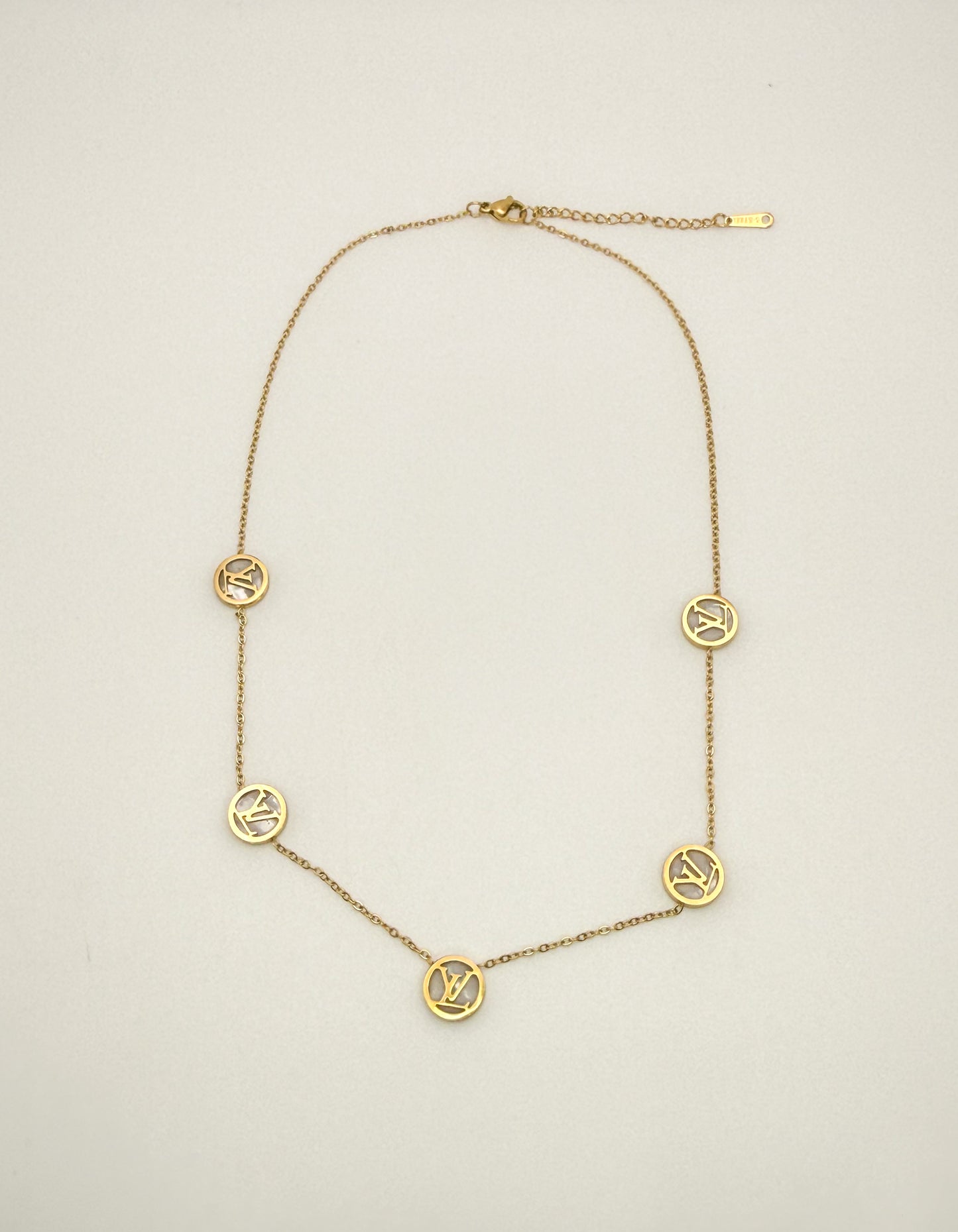 Round LV Designer Gold Stainless Steel Necklace with Mother of Pearl Shell Inclusions