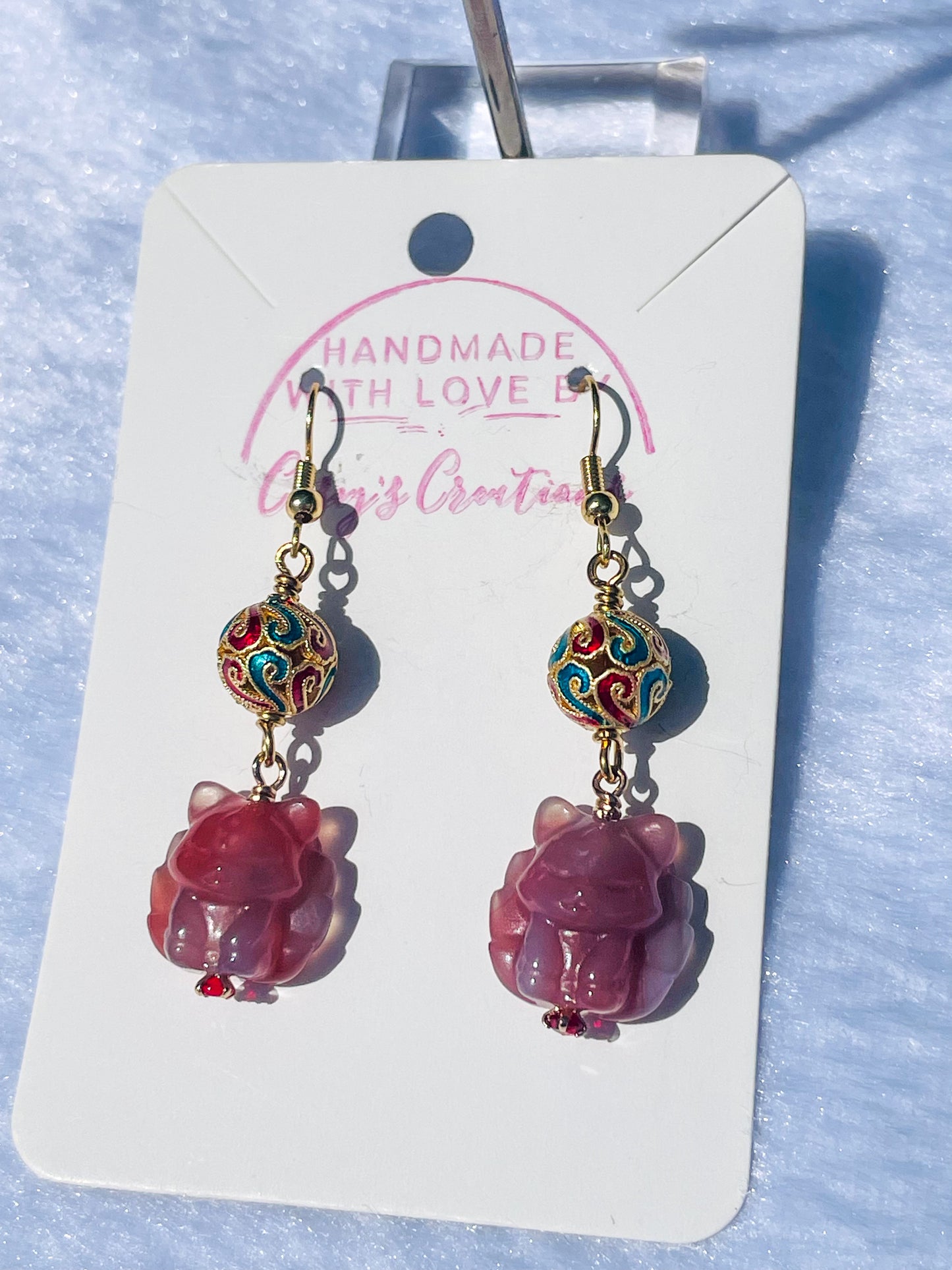Natural Yanyuan Agate 9 Tail Fox Carving Gold S925 Earrings