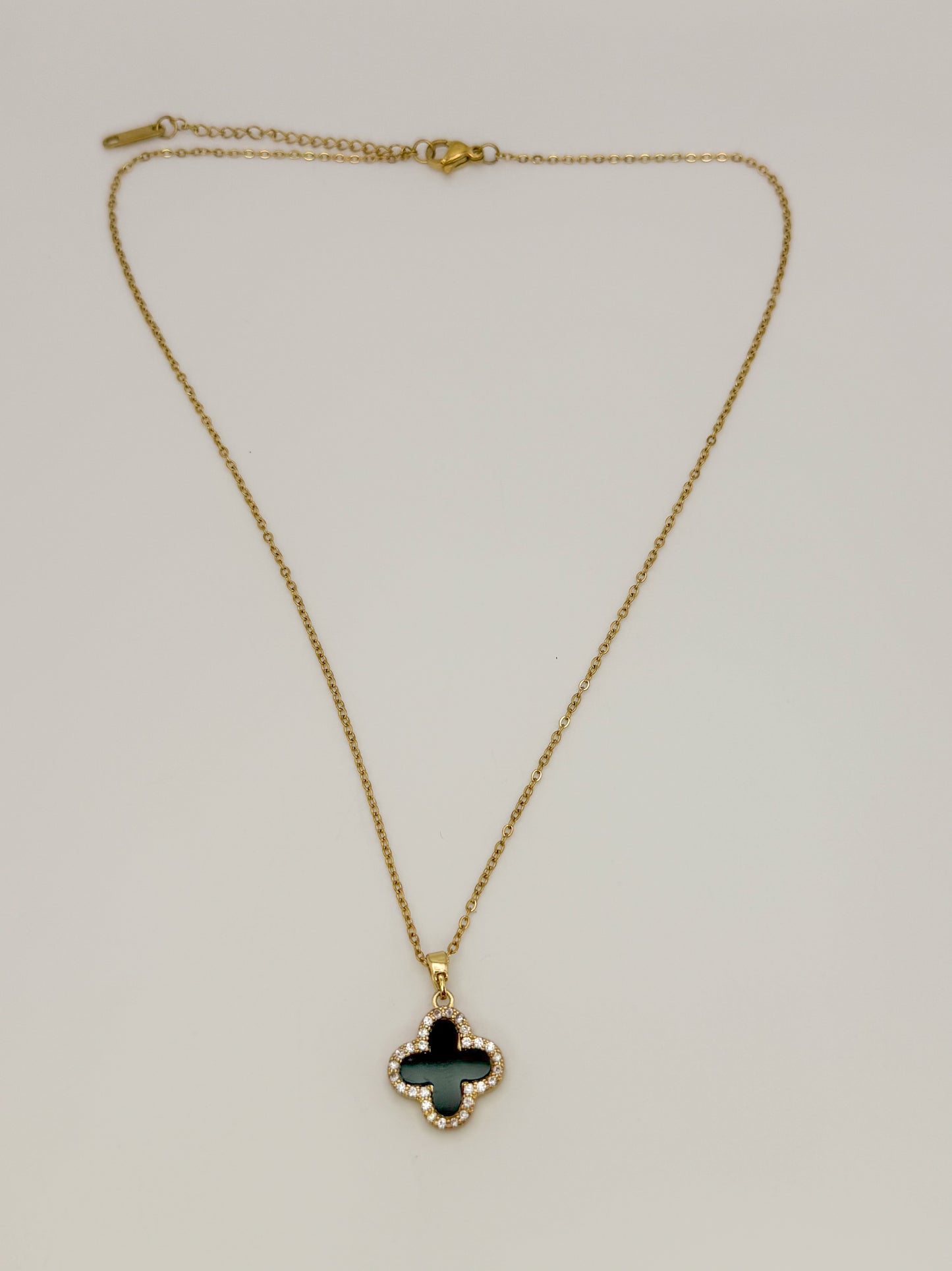 LV Black/White Front & Back Reversible Clover Gold Adjustable Stainless Steel Necklace