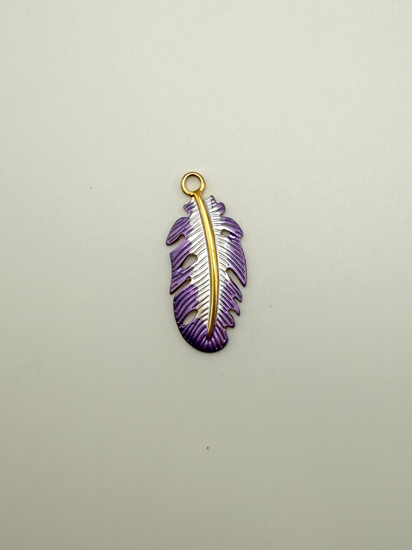 Stainless Steel Gold Purple Enamel Feather Charm Pendant