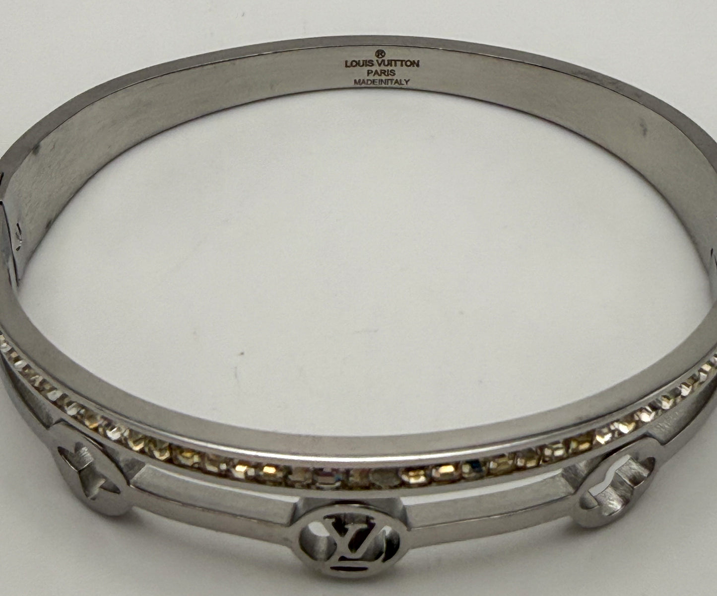 Silver Stainless Steel LV Designer with Rhinestones Bangle Bracelet