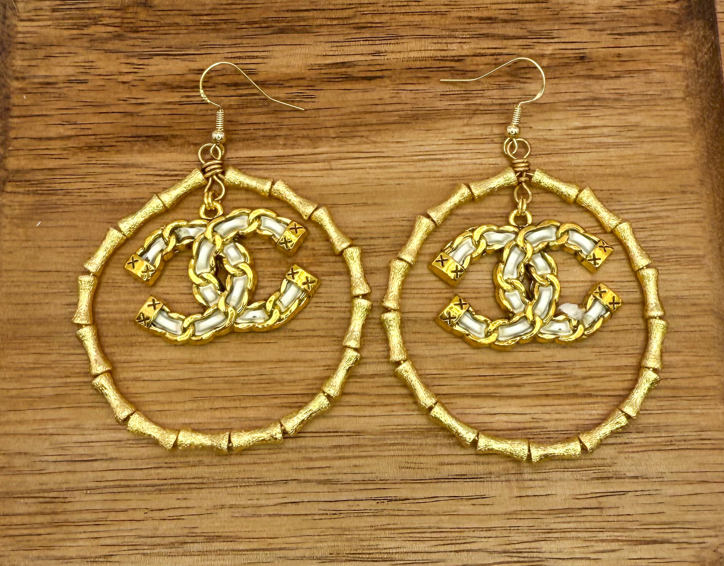Gold Bamboo CC Designer Hoop Earrings