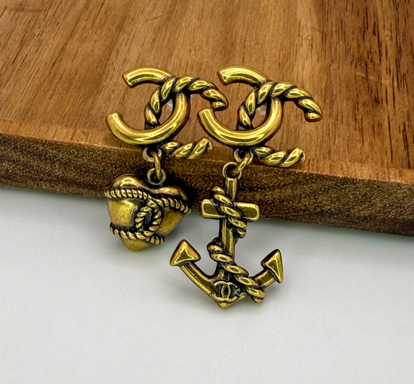 Antique Gold CC Designer Love & Anchor Stud Dangle Earrings