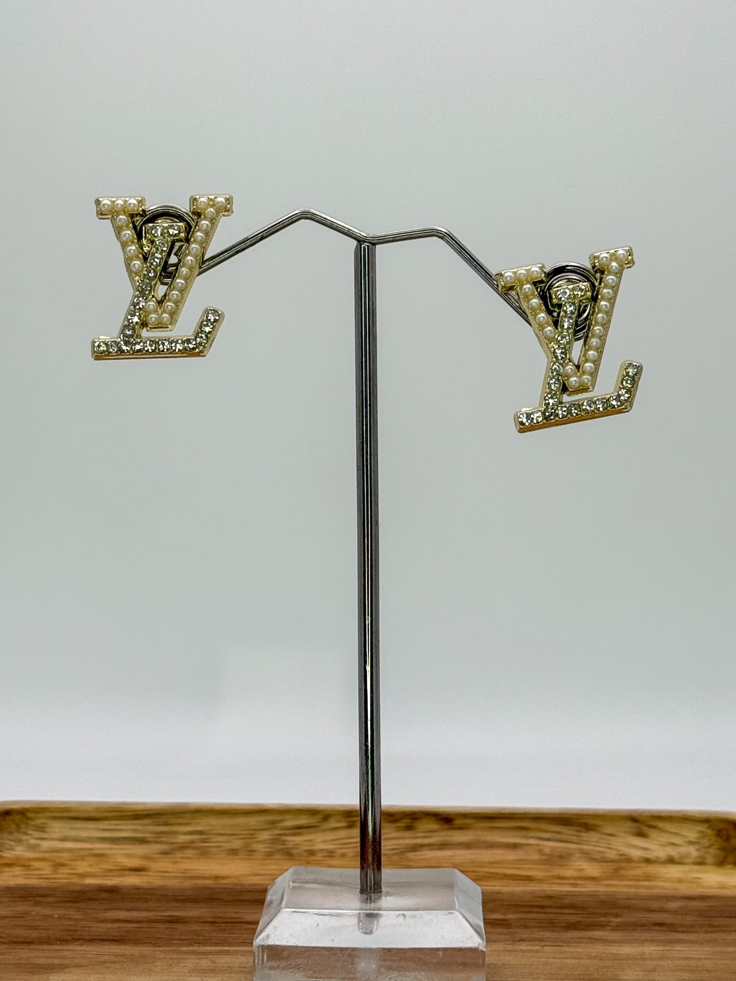 LV Designer Gold Logo Stud Earrings