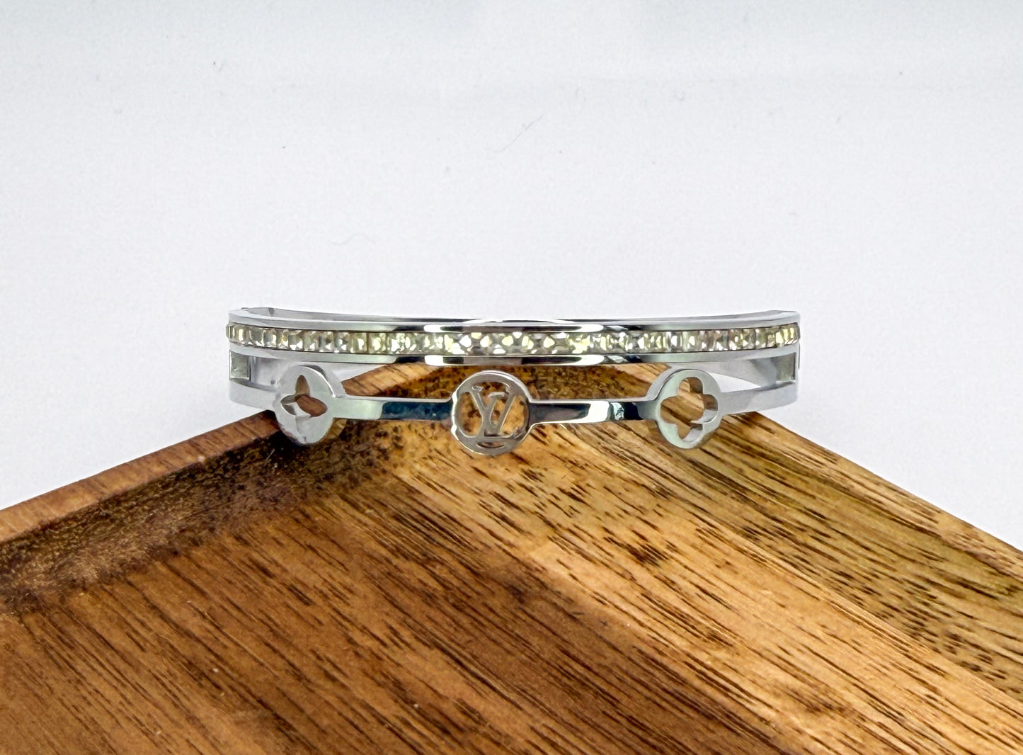 Silver Stainless Steel LV Designer with Rhinestones Bangle Bracelet