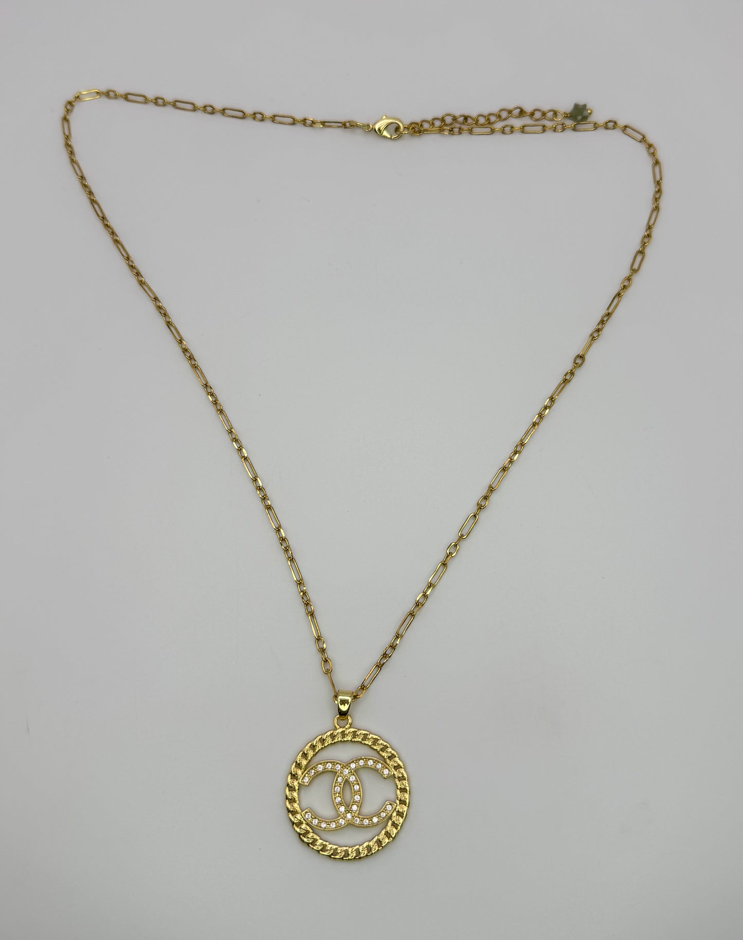 Gold CC Designer Round Pendant on 24k Gold Filled chain with Matching Gold CC Stud Earrings