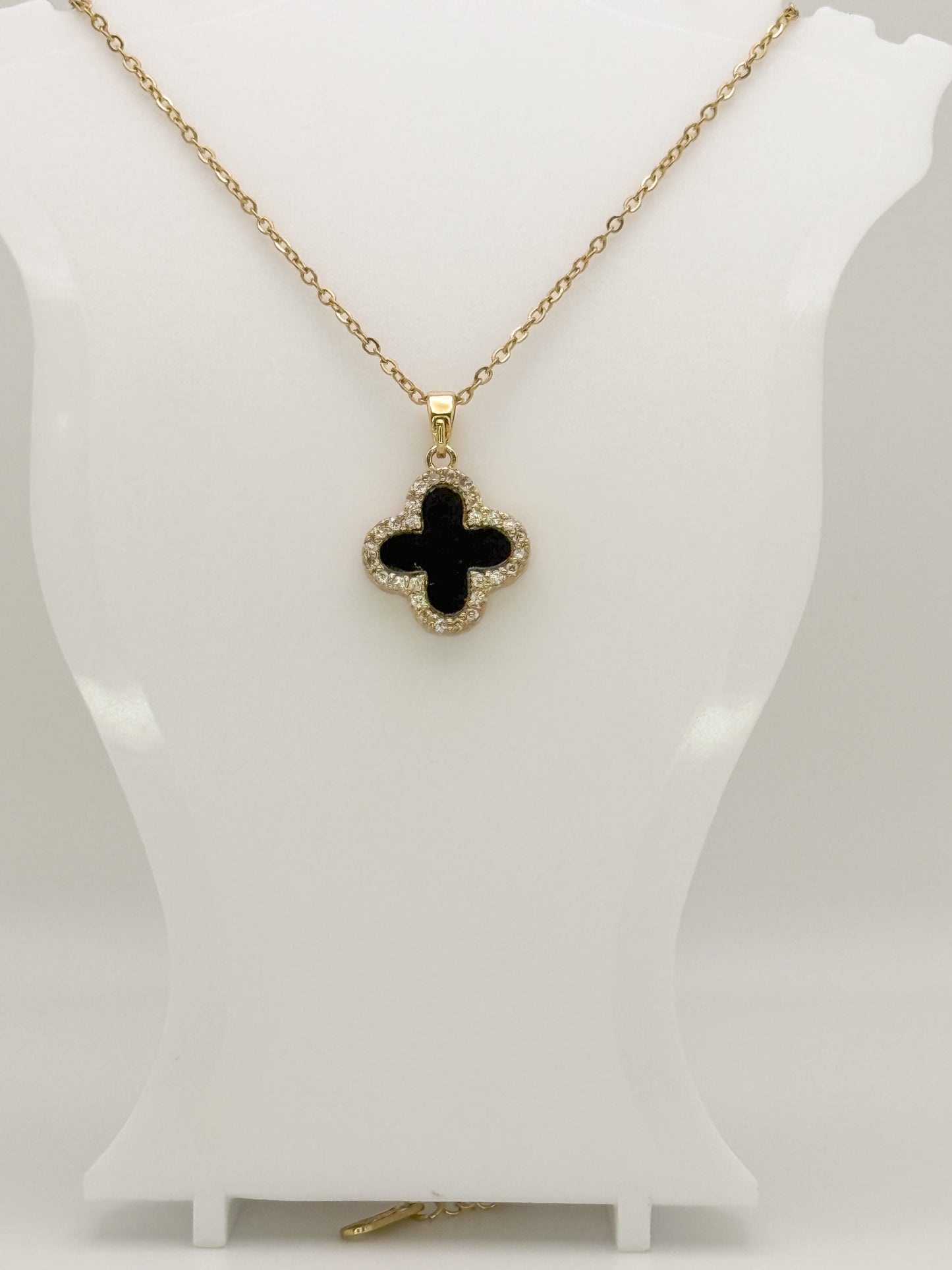 LV Black/White Front & Back Reversible Clover Gold Adjustable Stainless Steel Necklace