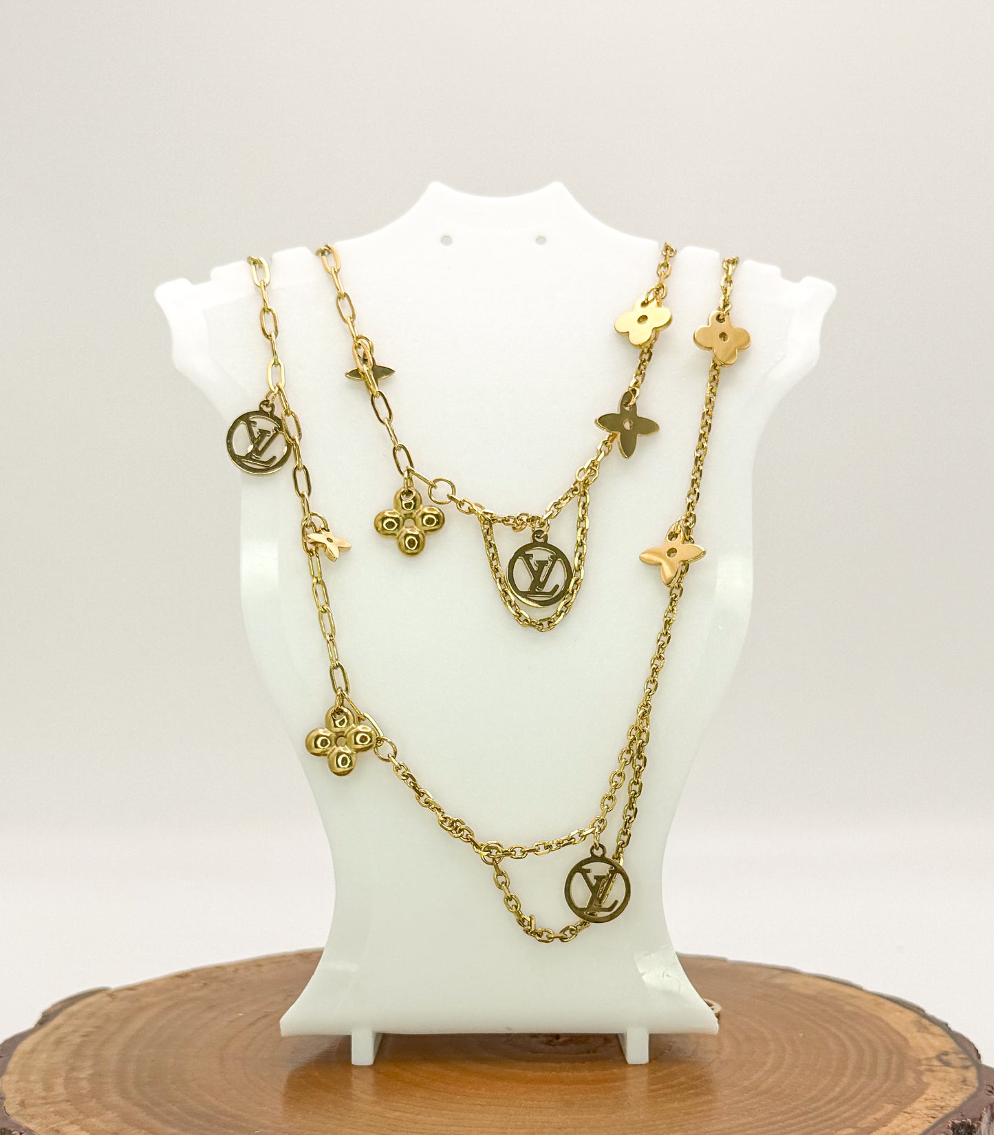 Matching LV Designer Logo Gold Stainless Steel Necklace & Bracelet Set