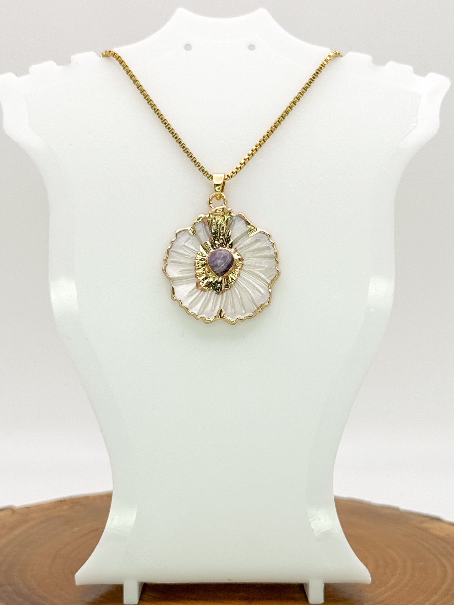 Nature’s Beauty Necklace-Natural Shell with Natural Turquoise Gemstone, Gold Stainless Steel Pendant Necklace