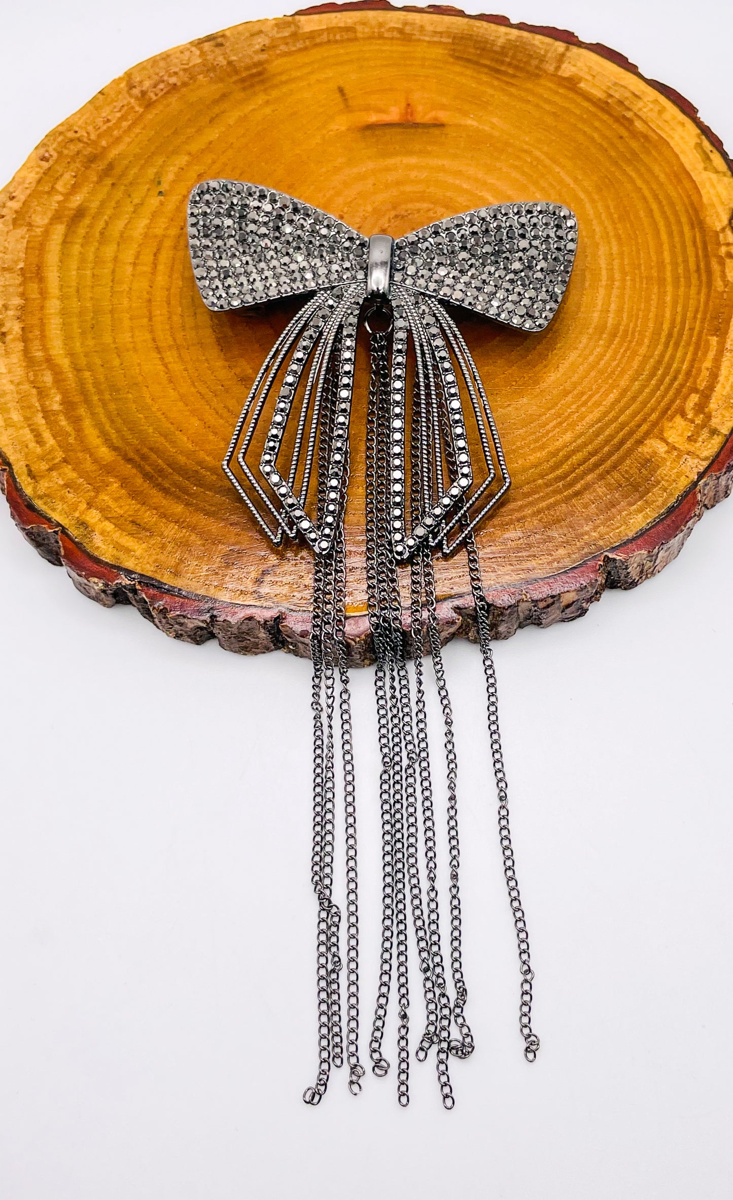 Black Bow Brochette with Dangling Black Chain; Hair Pin