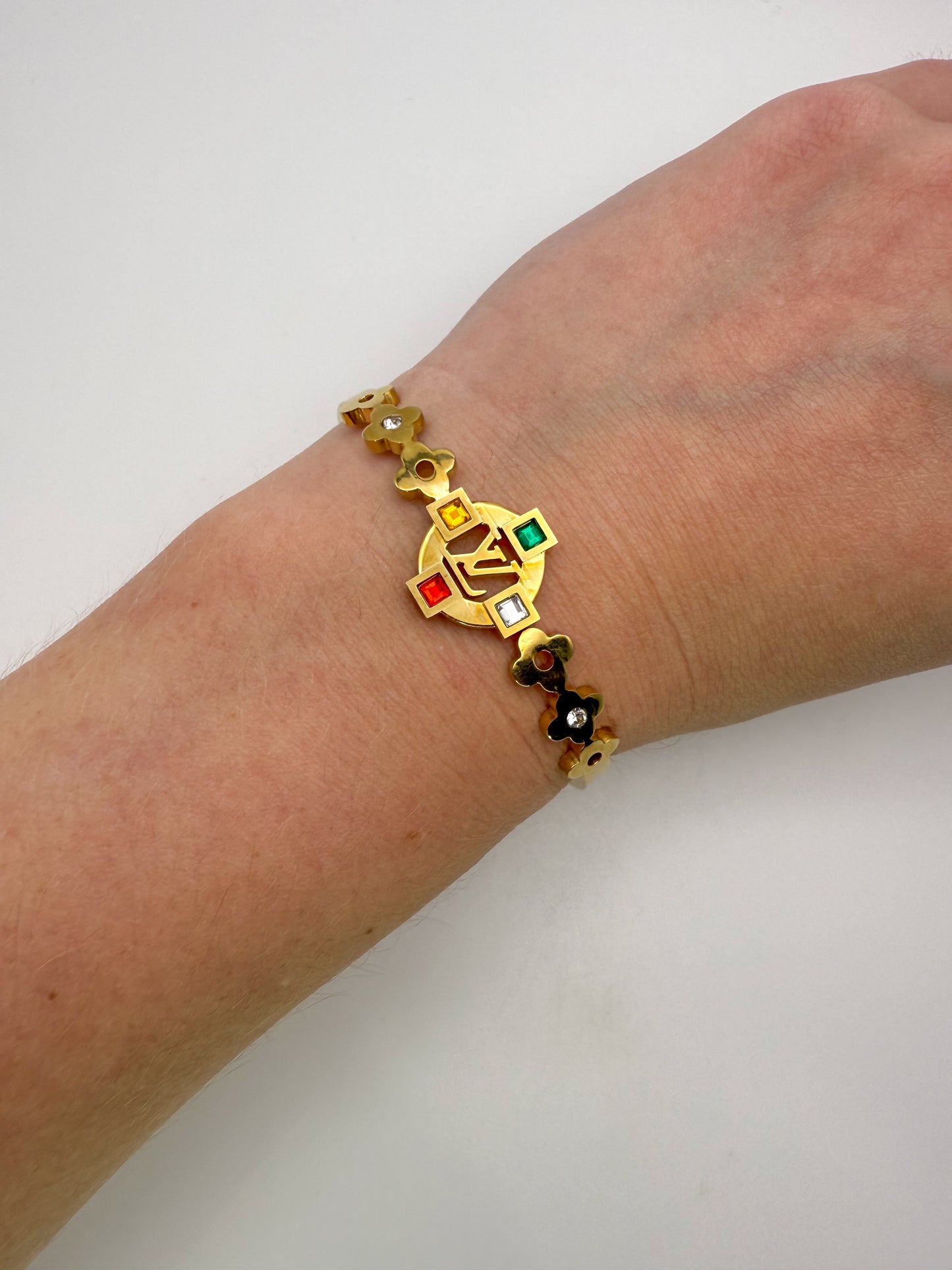 Gold LV Open Front Bangle Bracelet with Colorful Zircon