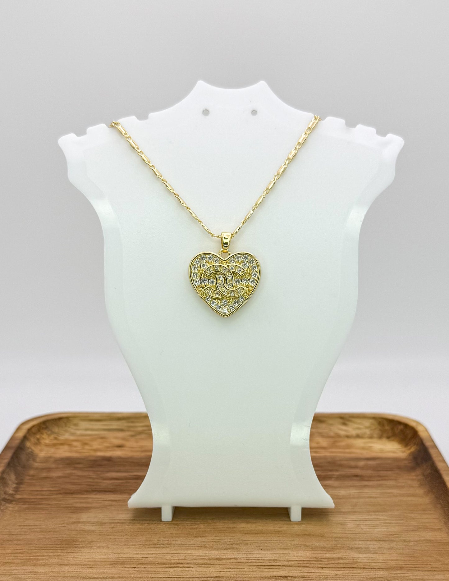 Sparkling Gold CC Heart Pendant on 24k Gold Filled Necklace Chain
