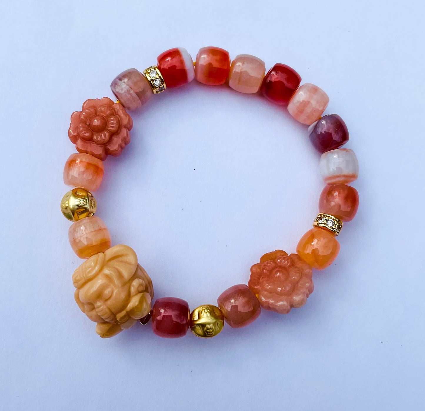 Natural Orange Botswana Agate with Natural Alashan Agate Baby Elephant Crystal Carving Beaded Stretch Adjustable Bracelet
